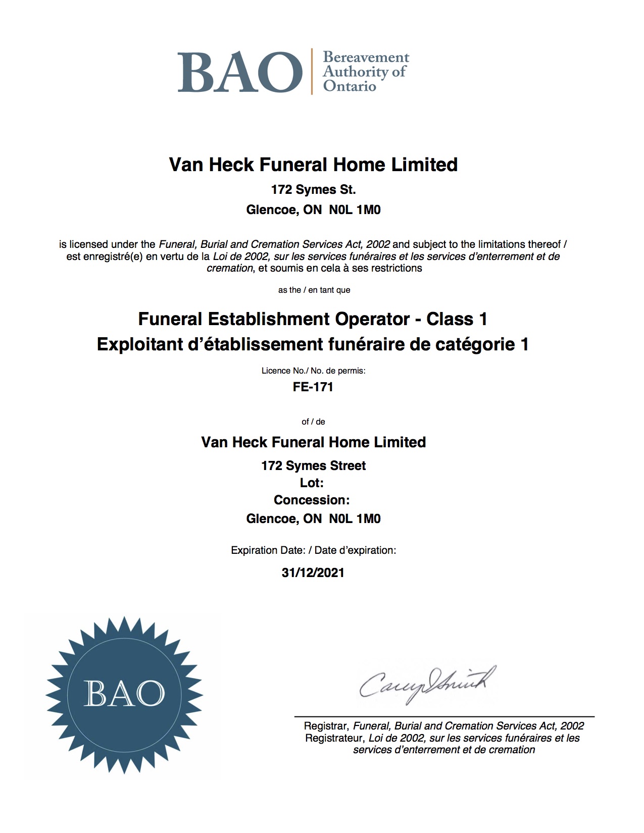 BAO Licenses Van Heck Funeral Home Ltd.